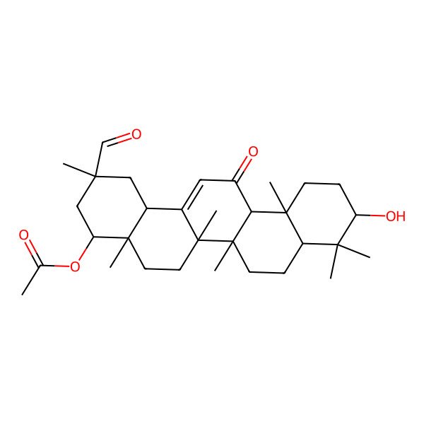 2D Structure of [(2R,4R,4aR,6aR,6aS,6bR,8aR,10S,12aS,14bS)-2-formyl-10-hydroxy-2,4a,6a,6b,9,9,12a-heptamethyl-13-oxo-3,4,5,6,6a,7,8,8a,10,11,12,14b-dodecahydro-1H-picen-4-yl] acetate