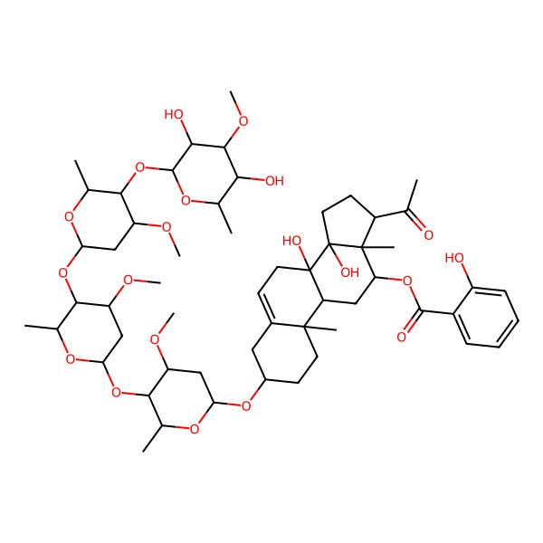 2D Structure of [17-acetyl-3-[5-[5-[5-(3,5-dihydroxy-4-methoxy-6-methyloxan-2-yl)oxy-4-methoxy-6-methyloxan-2-yl]oxy-4-methoxy-6-methyloxan-2-yl]oxy-4-methoxy-6-methyloxan-2-yl]oxy-8,14-dihydroxy-10,13-dimethyl-2,3,4,7,9,11,12,15,16,17-decahydro-1H-cyclopenta[a]phenanthren-12-yl] 2-hydroxybenzoate