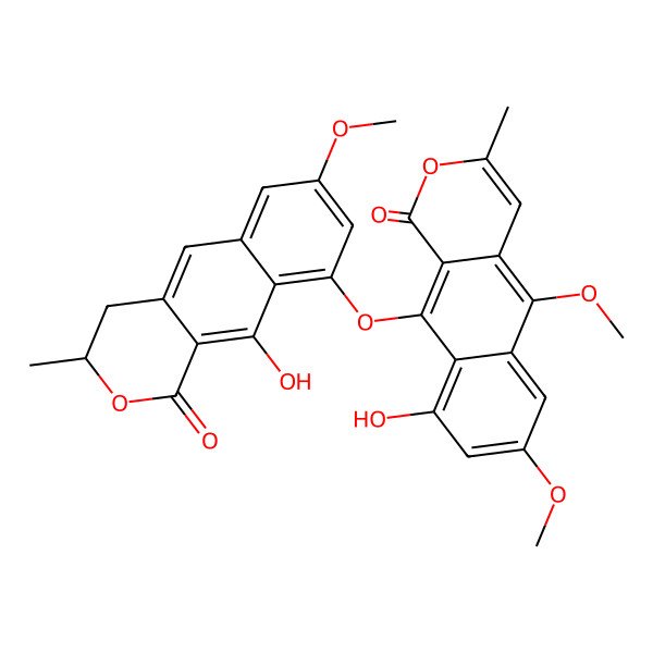 2D Structure of 9-Hydroxy-10-[(10-hydroxy-7-methoxy-3-methyl-1-oxo-3,4-dihydrobenzo[g]isochromen-9-yl)oxy]-5,7-dimethoxy-3-methylbenzo[g]isochromen-1-one