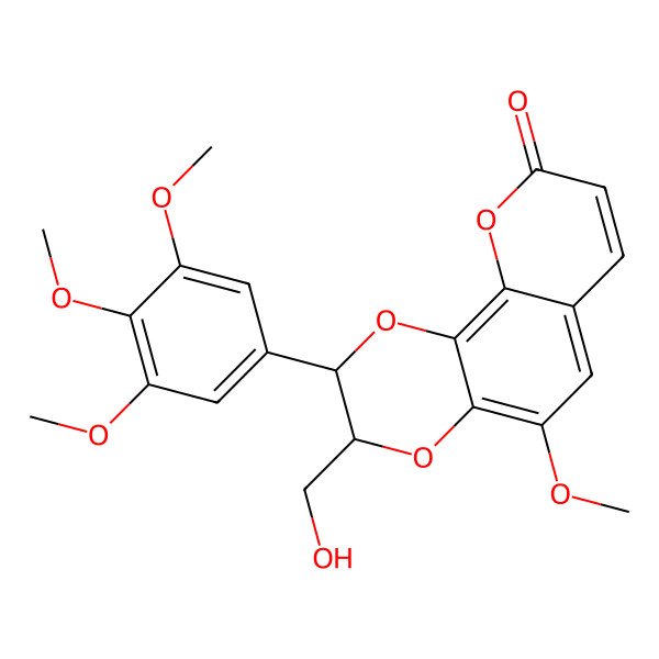 2D Structure of 3-(Hydroxymethyl)-5-methoxy-2-(3,4,5-trimethoxyphenyl)-2,3-dihydropyrano[3,2-h][1,4]benzodioxin-9-one
