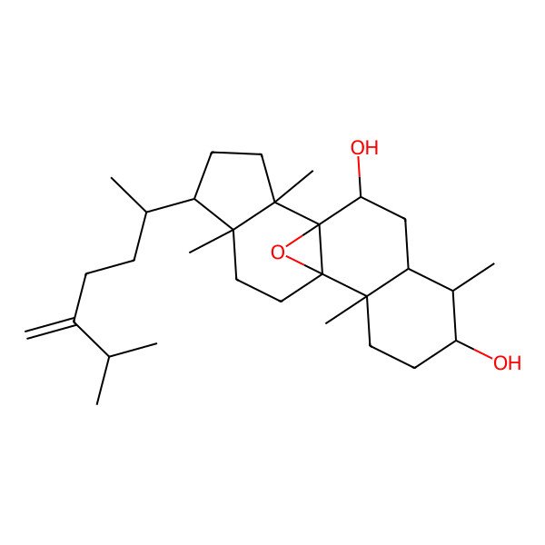 2D Structure of (1R,2S,5S,6S,9S,11R,14R,15R)-2,6,11,15-tetramethyl-14-[(2R)-6-methyl-5-methylideneheptan-2-yl]-18-oxapentacyclo[8.7.1.01,10.02,7.011,15]octadecane-5,9-diol