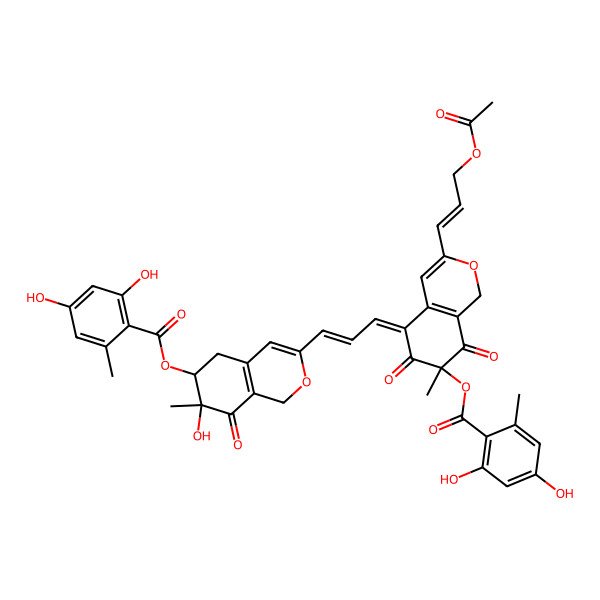 2D Structure of [(6R,7R)-3-[(E,3Z)-3-[(7S)-3-[(E)-3-acetyloxyprop-1-enyl]-7-(2,4-dihydroxy-6-methylbenzoyl)oxy-7-methyl-6,8-dioxo-1H-isochromen-5-ylidene]prop-1-enyl]-7-hydroxy-7-methyl-8-oxo-5,6-dihydro-1H-isochromen-6-yl] 2,4-dihydroxy-6-methylbenzoate