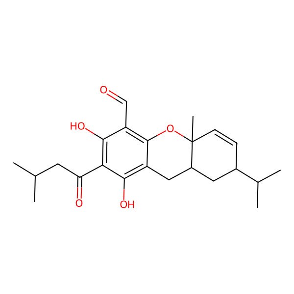 2D Structure of 1,3-Dihydroxy-10a-methyl-2-(3-methylbutanoyl)-7-propan-2-yl-7,8,8a,9-tetrahydroxanthene-4-carbaldehyde