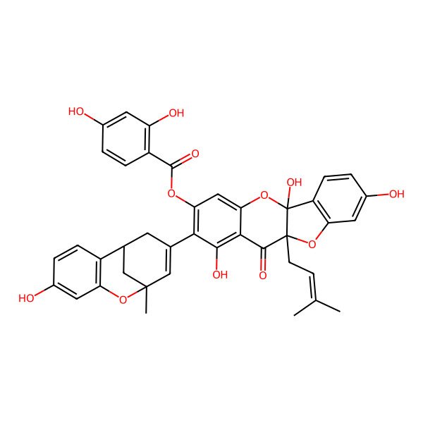 2D Structure of [(5aS,10aS)-1,5a,8-trihydroxy-2-[(1R,9S)-5-hydroxy-9-methyl-8-oxatricyclo[7.3.1.02,7]trideca-2(7),3,5,10-tetraen-11-yl]-10a-(3-methylbut-2-enyl)-11-oxo-[1]benzofuro[3,2-b]chromen-3-yl] 2,4-dihydroxybenzoate