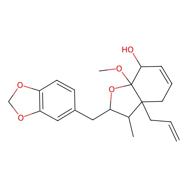2D Structure of (2S,3R,3aR,7R,7aR)-2-(1,3-benzodioxol-5-ylmethyl)-7a-methoxy-3-methyl-3a-prop-2-enyl-2,3,4,7-tetrahydro-1-benzofuran-7-ol 2D Structure of (2S,3R,3aR,7R,7aR)-2-(1,3-benzodioxol-5-ylmethyl)-7a-methoxy-3-methyl-3a-prop-2-enyl-2,3,4,7-tetrahydro-1-benzofuran-7-ol