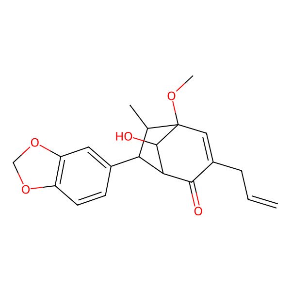 2D Structure of (1S,5R,6R,7R,8R)-7-(1,3-benzodioxol-5-yl)-8-hydroxy-5-methoxy-6-methyl-3-prop-2-enylbicyclo[3.2.1]oct-3-en-2-one