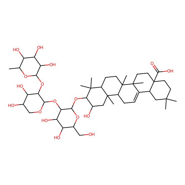 2D Structure of 10-[3-[4,5-Dihydroxy-3-(3,4,5-trihydroxy-6-methyloxan-2-yl)oxyoxan-2-yl]oxy-4,5-dihydroxy-6-(hydroxymethyl)oxan-2-yl]oxy-11-hydroxy-2,2,6a,6b,9,9,12a-heptamethyl-1,3,4,5,6,6a,7,8,8a,10,11,12,13,14b-tetradecahydropicene-4a-carboxylic acid