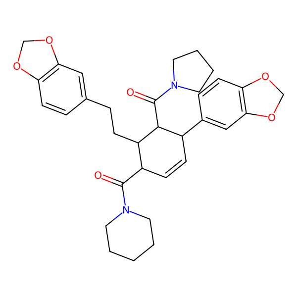 2D Structure of [4-(1,3-Benzodioxol-5-yl)-6-[2-(1,3-benzodioxol-5-yl)ethyl]-5-(pyrrolidine-1-carbonyl)cyclohex-2-en-1-yl]-piperidin-1-ylmethanone