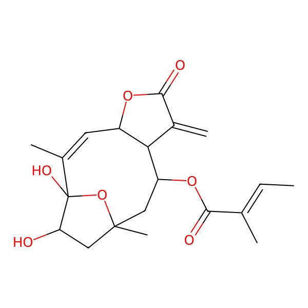 2D Structure of (1,13-Dihydroxy-2,11-dimethyl-7-methylidene-6-oxo-5,14-dioxatricyclo[9.2.1.04,8]tetradec-2-en-9-yl) 2-methylbut-2-enoate