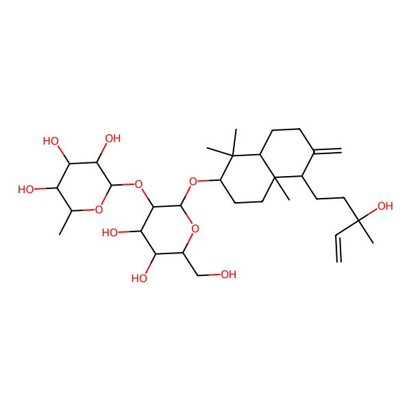 2D Structure of (2S,3R,4R,5R,6S)-2-[(2R,3R,4S,5S,6R)-2-[[(2S,4aR,5S,8aR)-5-[(3S)-3-hydroxy-3-methylpent-4-enyl]-1,1,4a-trimethyl-6-methylidene-3,4,5,7,8,8a-hexahydro-2H-naphthalen-2-yl]oxy]-4,5-dihydroxy-6-(hydroxymethyl)oxan-3-yl]oxy-6-methyloxane-3,4,5-triol