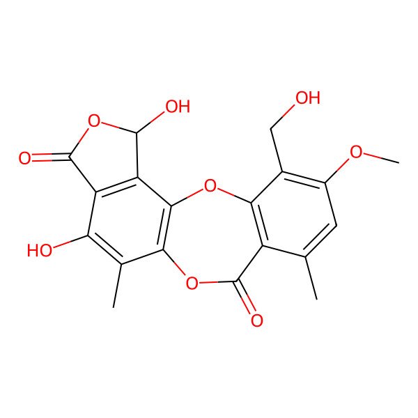 2D Structure of (17R)-13,17-dihydroxy-4-(hydroxymethyl)-5-methoxy-7,12-dimethyl-2,10,16-trioxatetracyclo[9.7.0.03,8.014,18]octadeca-1(11),3(8),4,6,12,14(18)-hexaene-9,15-dione