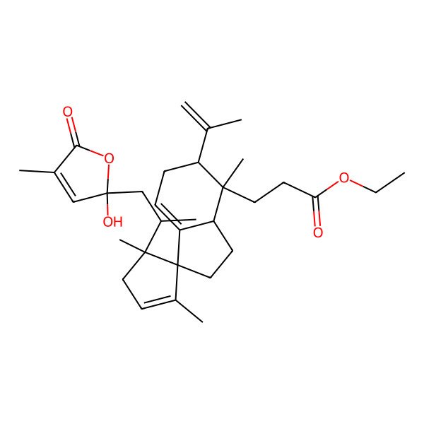2D Structure of ethyl 3-[(1R,3aS,4S,4'S,5S)-4'-[(2R)-1-[(2R)-2-hydroxy-4-methyl-5-oxofuran-2-yl]propan-2-yl]-1',4,4'-trimethyl-5-prop-1-en-2-ylspiro[3,3a,5,6-tetrahydro-2H-indene-1,5'-cyclopentene]-4-yl]propanoate