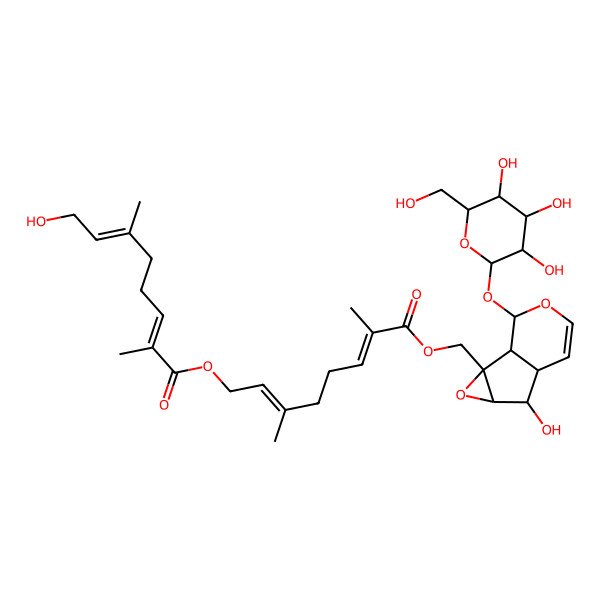 2D Structure of [(2E,6E)-8-[[(1R,2S,4S,5S,6S,10S)-5-hydroxy-10-[(2S,3R,4S,5S,6R)-3,4,5-trihydroxy-6-(hydroxymethyl)oxan-2-yl]oxy-3,9-dioxatricyclo[4.4.0.02,4]dec-7-en-2-yl]methoxy]-3,7-dimethyl-8-oxoocta-2,6-dienyl] (2E,6Z)-8-hydroxy-2,6-dimethylocta-2,6-dienoate