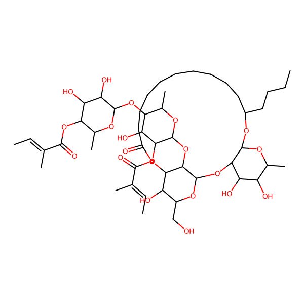 2D Structure of [6-[6-[[10-Butyl-4,5,23-trihydroxy-24-(hydroxymethyl)-6-methyl-20-oxo-2,7,9,21,25-pentaoxatricyclo[20.3.1.03,8]hexacosan-26-yl]oxy]-4-hydroxy-2-methyl-5-(2-methylbut-2-enoyloxy)oxan-3-yl]oxy-4,5-dihydroxy-2-methyloxan-3-yl] 2-methylbut-2-enoate
