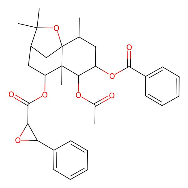 2D Structure of [(1S,2R,4S,5R,6R,7S,9R)-5-acetyloxy-4-benzoyloxy-2,6,10,10-tetramethyl-11-oxatricyclo[7.2.1.01,6]dodecan-7-yl] (2S,3R)-3-phenyloxirane-2-carboxylate