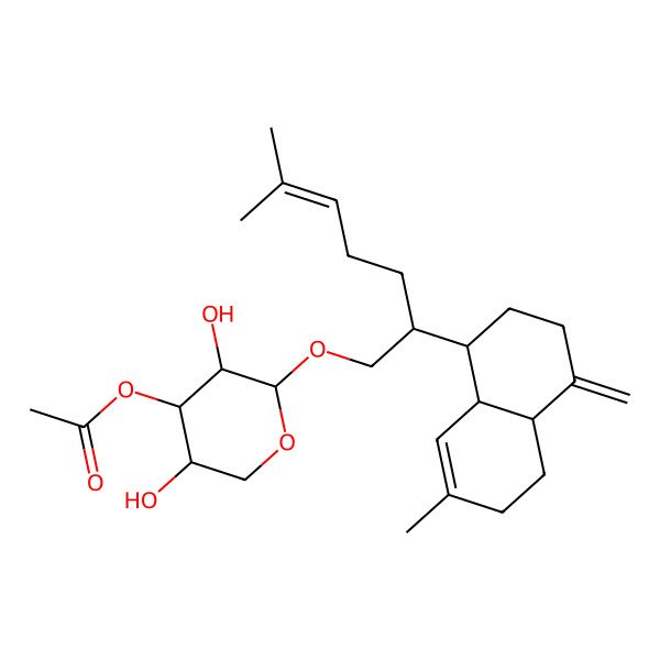 2D Structure of [(2S,3S,4R,5S)-2-[(2S)-2-[(1R,4aS,8aR)-7-methyl-4-methylidene-2,3,4a,5,6,8a-hexahydro-1H-naphthalen-1-yl]-6-methylhept-5-enoxy]-3,5-dihydroxyoxan-4-yl] acetate