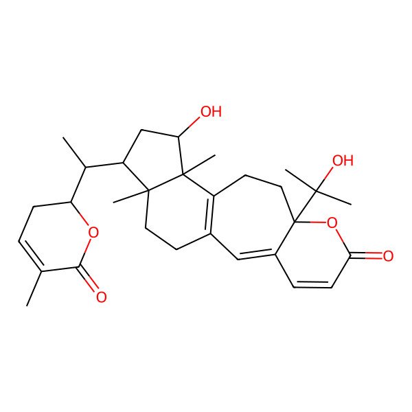 2D Structure of 13-Hydroxy-8-(2-hydroxypropan-2-yl)-12,16-dimethyl-15-[1-(5-methyl-6-oxo-2,3-dihydropyran-2-yl)ethyl]-7-oxatetracyclo[9.7.0.03,8.012,16]octadeca-1(11),2,4-trien-6-one