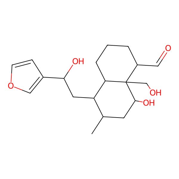 2D Structure of (1S,4aR,5S,6R,8S,8aR)-5-[(2S)-2-(furan-3-yl)-2-hydroxyethyl]-8-hydroxy-8a-(hydroxymethyl)-6-methyl-2,3,4,4a,5,6,7,8-octahydro-1H-naphthalene-1-carbaldehyde