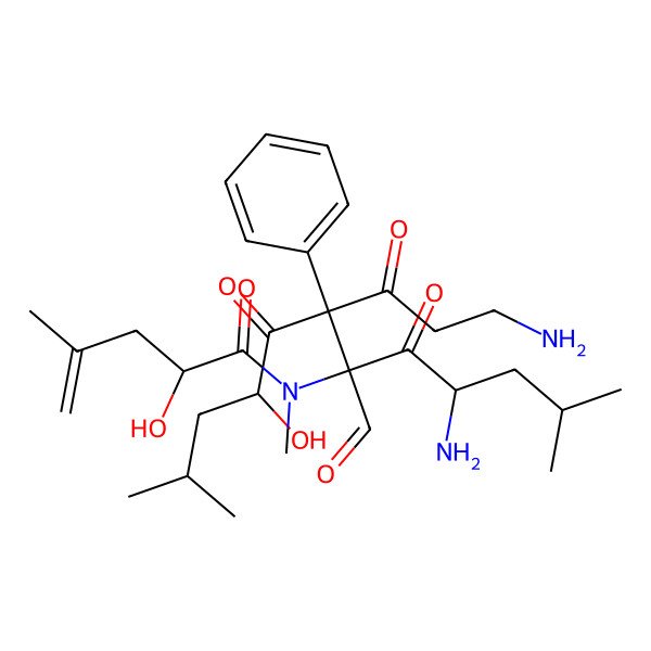 2D Structure of N-[4-amino-7-(3-aminopropanoyl)-6-formyl-9-hydroxy-2,11-dimethyl-5,8-dioxo-7-phenyldodecan-6-yl]-2-hydroxy-N,4-dimethylpent-4-enamide