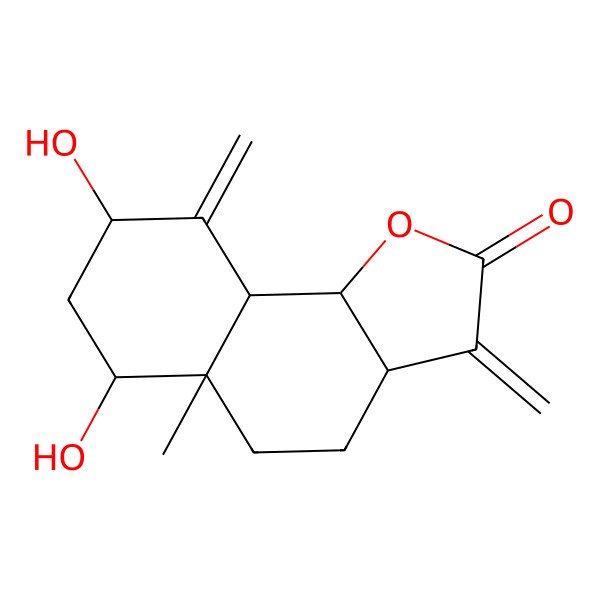 2D Structure of (3aR,5aR,6S,8R,9aS,9bS)-6,8-dihydroxy-5a-methyl-3,9-dimethylidene-3a,4,5,6,7,8,9a,9b-octahydrobenzo[g][1]benzofuran-2-one