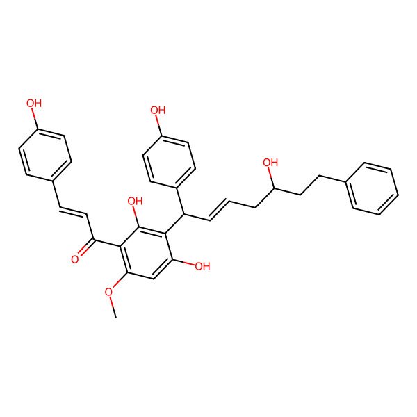2D Structure of 1-[2,4-Dihydroxy-3-[5-hydroxy-1-(4-hydroxyphenyl)-7-phenylhept-2-enyl]-6-methoxyphenyl]-3-(4-hydroxyphenyl)prop-2-en-1-one