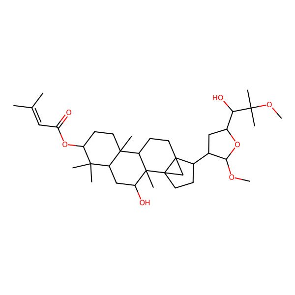 2D Structure of [3-Hydroxy-15-[5-(1-hydroxy-2-methoxy-2-methylpropyl)-2-methoxyoxolan-3-yl]-2,6,6,10-tetramethyl-7-pentacyclo[12.3.1.01,14.02,11.05,10]octadecanyl] 3-methylbut-2-enoate