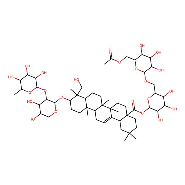 2D Structure of [6-[[6-(Acetyloxymethyl)-3,4,5-trihydroxyoxan-2-yl]oxymethyl]-3,4,5-trihydroxyoxan-2-yl] 10-[4,5-dihydroxy-3-(3,4,5-trihydroxy-6-methyloxan-2-yl)oxyoxan-2-yl]oxy-9-(hydroxymethyl)-2,2,6a,6b,9,12a-hexamethyl-1,3,4,5,6,6a,7,8,8a,10,11,12,13,14b-tetradecahydropicene-4a-carboxylate