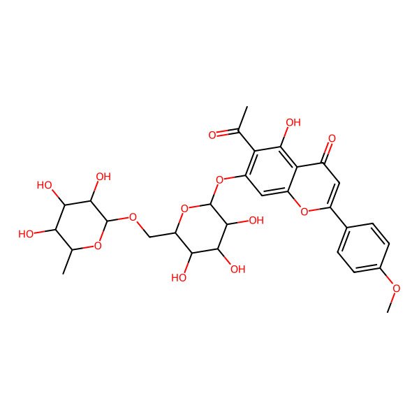 2D Structure of 6-Acetyl-5-hydroxy-2-(4-methoxyphenyl)-7-[3,4,5-trihydroxy-6-[(3,4,5-trihydroxy-6-methyloxan-2-yl)oxymethyl]oxan-2-yl]oxychromen-4-one