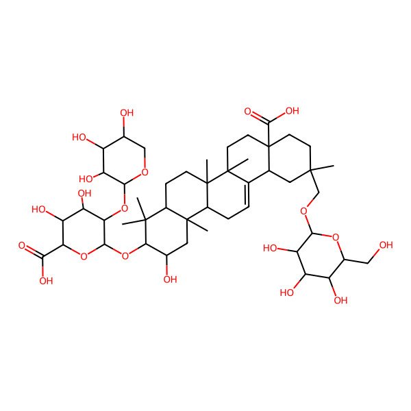 2D Structure of (2S,3S,4S,5R,6R)-6-[[(2S,3R,4aR,6aR,6bS,8aR,11S,12aS,14aR,14bR)-8a-carboxy-2-hydroxy-4,4,6a,6b,11,14b-hexamethyl-11-[[(2R,3R,4S,5S,6R)-3,4,5-trihydroxy-6-(hydroxymethyl)oxan-2-yl]oxymethyl]-1,2,3,4a,5,6,7,8,9,10,12,12a,14,14a-tetradecahydropicen-3-yl]oxy]-3,4-dihydroxy-5-[(2S,3R,4S,5S)-3,4,5-trihydroxyoxan-2-yl]oxyoxane-2-carboxylic acid
