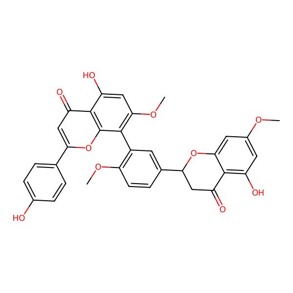 2D Structure of 5-hydroxy-8-[5-[(2S)-5-hydroxy-7-methoxy-4-oxo-2,3-dihydrochromen-2-yl]-2-methoxyphenyl]-2-(4-hydroxyphenyl)-7-methoxychromen-4-one