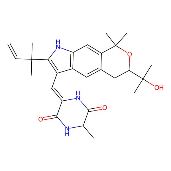2D Structure of 3-[[6-(2-hydroxypropan-2-yl)-8,8-dimethyl-2-(2-methylbut-3-en-2-yl)-5,6-dihydro-1H-pyrano[4,3-f]indol-3-yl]methylidene]-6-methylpiperazine-2,5-dione
