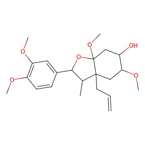 2D Structure of (2R,3S,3aR,5R,6R,7aS)-2-(3,4-dimethoxyphenyl)-5,7a-dimethoxy-3-methyl-3a-prop-2-enyl-2,3,4,5,6,7-hexahydro-1-benzofuran-6-ol 2D Structure of (2R,3S,3aR,5R,6R,7aS)-2-(3,4-dimethoxyphenyl)-5,7a-dimethoxy-3-methyl-3a-prop-2-enyl-2,3,4,5,6,7-hexahydro-1-benzofuran-6-ol