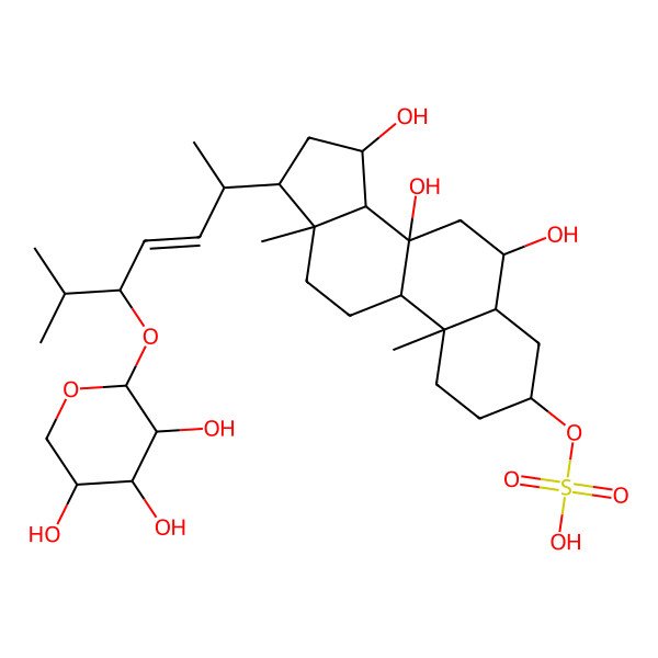2D Structure of [(3S,5S,6S,8S,9R,10S,13R,14S,15R,17R)-6,8,15-trihydroxy-10,13-dimethyl-17-[(E,2S,5R)-6-methyl-5-[(2R,3S,4S,5S)-3,4,5-trihydroxyoxan-2-yl]oxyhept-3-en-2-yl]-1,2,3,4,5,6,7,9,11,12,14,15,16,17-tetradecahydrocyclopenta[a]phenanthren-3-yl] hydrogen sulfate