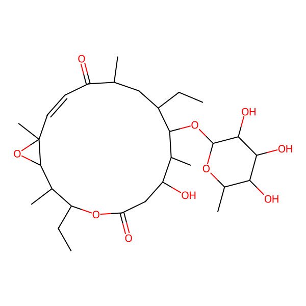 2D Structure of 3,10-Diethyl-7-hydroxy-2,8,12,16-tetramethyl-9-(3,4,5-trihydroxy-6-methyloxan-2-yl)oxy-4,17-dioxabicyclo[14.1.0]heptadec-14-ene-5,13-dione