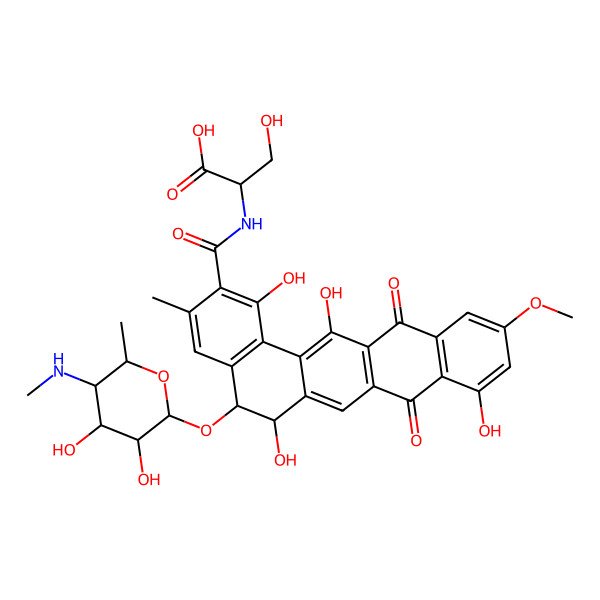 2D Structure of (2S)-2-[[(5S,6S)-5-[(2S,3R,4S,5R,6R)-3,4-dihydroxy-6-methyl-5-(methylamino)oxan-2-yl]oxy-1,6,9,14-tetrahydroxy-11-methoxy-3-methyl-8,13-dioxo-5,6-dihydrobenzo[a]tetracene-2-carbonyl]amino]-3-hydroxypropanoic acid