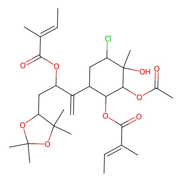2D Structure of [2-Acetyloxy-4-chloro-3-hydroxy-3-methyl-6-[3-(2-methylbut-2-enoyloxy)-4-(2,2,5,5-tetramethyl-1,3-dioxolan-4-yl)but-1-en-2-yl]cyclohexyl] 2-methylbut-2-enoate