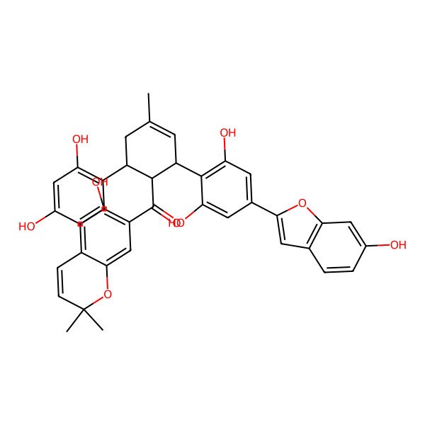 2D Structure of [2-[2,6-Dihydroxy-4-(6-hydroxy-1-benzofuran-2-yl)phenyl]-6-(2,4-dihydroxyphenyl)-4-methylcyclohex-3-en-1-yl]-(6-hydroxy-2,2-dimethylchromen-7-yl)methanone