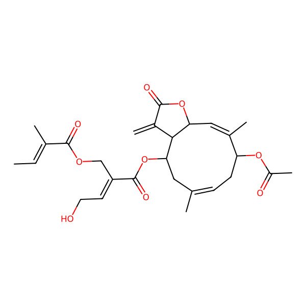 2D Structure of [(3aR,4R,6E,9R,10Z,11aS)-9-acetyloxy-6,10-dimethyl-3-methylidene-2-oxo-3a,4,5,8,9,11a-hexahydrocyclodeca[b]furan-4-yl] (E)-4-hydroxy-2-[[(E)-2-methylbut-2-enoyl]oxymethyl]but-2-enoate