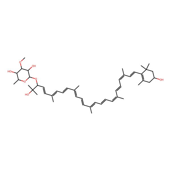 2D Structure of (2S,3S,4R,5R,6S)-2-[(3S,4E,6E,8E,10E,12E,14E,16E,18E,20E,22E,24E)-2-hydroxy-25-[(4R)-4-hydroxy-2,6,6-trimethylcyclohexen-1-yl]-2,6,10,14,19,23-hexamethylpentacosa-4,6,8,10,12,14,16,18,20,22,24-undecaen-3-yl]oxy-4-methoxy-6-methyloxane-3,5-diol