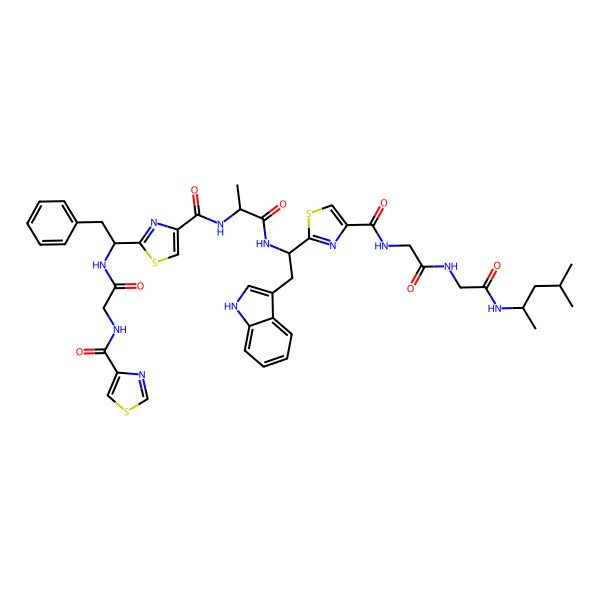 2D Structure of 2-[2-(1H-indol-3-yl)-1-[2-[[2-[2-phenyl-1-[[2-(1,3-thiazole-4-carbonylamino)acetyl]amino]ethyl]-1,3-thiazole-4-carbonyl]amino]propanoylamino]ethyl]-N-[2-[[2-(4-methylpentan-2-ylamino)-2-oxoethyl]amino]-2-oxoethyl]-1,3-thiazole-4-carboxamide
