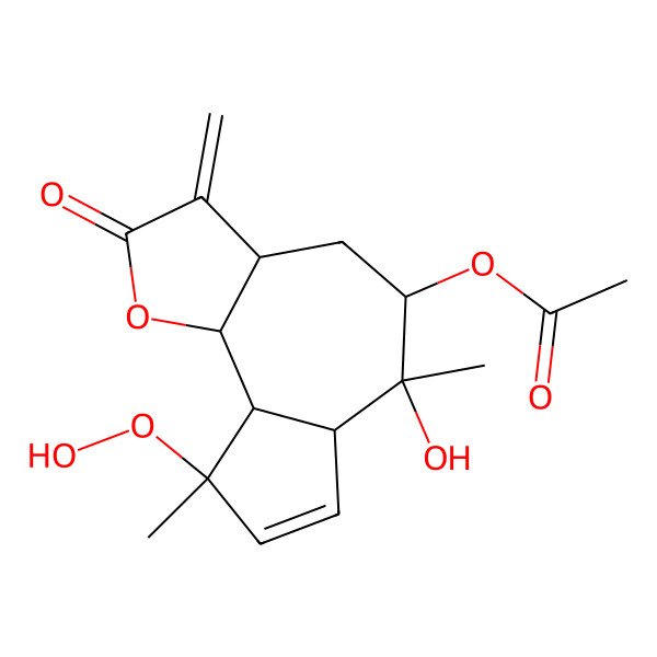 2D Structure of (9-Hydroperoxy-6-hydroxy-6,9-dimethyl-3-methylidene-2-oxo-3a,4,5,6a,9a,9b-hexahydroazuleno[4,5-b]furan-5-yl) acetate