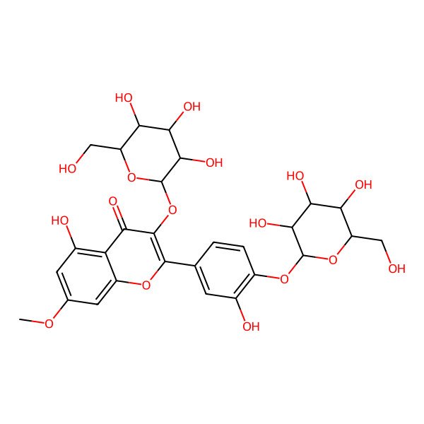 2D Structure of 5-hydroxy-2-[3-hydroxy-4-[(2S,3R,4S,5S,6R)-3,4,5-trihydroxy-6-(hydroxymethyl)oxan-2-yl]oxyphenyl]-7-methoxy-3-[(2S,3R,4R,5R,6S)-3,4,5-trihydroxy-6-(hydroxymethyl)oxan-2-yl]oxychromen-4-one