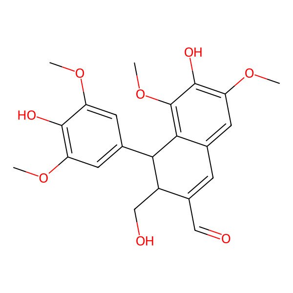 2D Structure of 6-Hydroxy-4-(4-hydroxy-3,5-dimethoxyphenyl)-3-(hydroxymethyl)-5,7-dimethoxy-3,4-dihydronaphthalene-2-carbaldehyde