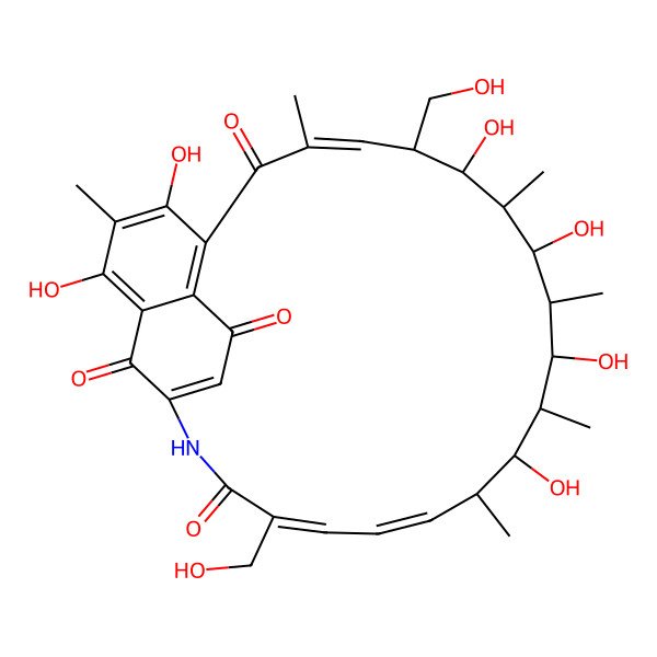 2D Structure of 2,4,10,12,14,16-Hexahydroxy-9,21-bis(hydroxymethyl)-3,7,11,13,15,17-hexamethyl-23-azatricyclo[22.3.1.05,27]octacosa-1,3,5(27),7,18,20,24-heptaene-6,22,26,28-tetrone