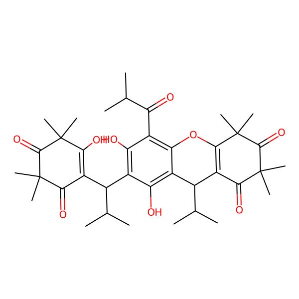 2D Structure of (9R)-6,8-dihydroxy-7-[(1S)-1-(2-hydroxy-3,3,5,5-tetramethyl-4,6-dioxocyclohexen-1-yl)-2-methylpropyl]-2,2,4,4-tetramethyl-5-(2-methylpropanoyl)-9-propan-2-yl-9H-xanthene-1,3-dione