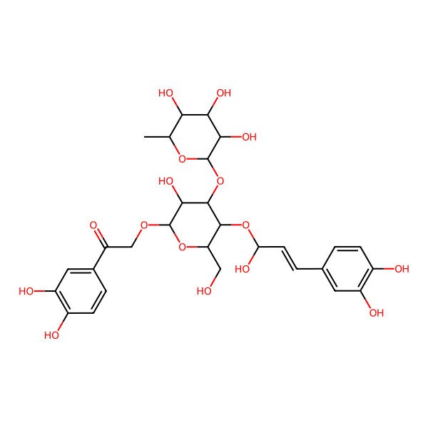 2D Structure of 1-(3,4-dihydroxyphenyl)-2-[(2R,3R,4R,5R,6R)-5-[(E,1S)-3-(3,4-dihydroxyphenyl)-1-hydroxyprop-2-enoxy]-3-hydroxy-6-(hydroxymethyl)-4-[(2S,3R,4R,5R,6S)-3,4,5-trihydroxy-6-methyloxan-2-yl]oxyoxan-2-yl]oxyethanone
