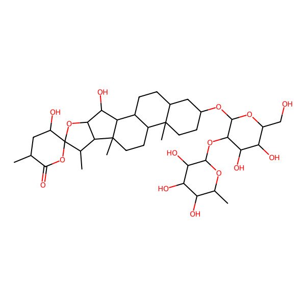 2D Structure of (1R,2S,3R,3'R,4S,5'S,6R,7S,8R,9S,12S,13S,16S,18S)-16-[(2R,3R,4S,5S,6R)-4,5-dihydroxy-6-(hydroxymethyl)-3-[(2S,3R,4R,5R,6S)-3,4,5-trihydroxy-6-methyloxan-2-yl]oxyoxan-2-yl]oxy-3,5'-dihydroxy-3',7,9,13-tetramethylspiro[5-oxapentacyclo[10.8.0.02,9.04,8.013,18]icosane-6,6'-oxane]-2'-one