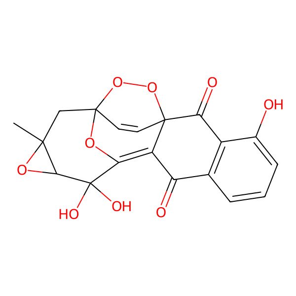 2D Structure of (3R,5R)-6,6,14-trihydroxy-3-methyl-4,18,19,22-tetraoxahexacyclo[15.2.2.11,7.03,5.08,17.010,15]docosa-7,10(15),11,13,20-pentaene-9,16-dione