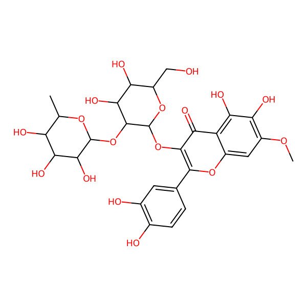 2D Structure of 3-[(2R,3S,4R,5R,6S)-4,5-dihydroxy-6-(hydroxymethyl)-3-[(2R,3S,4R,5R,6S)-3,4,5-trihydroxy-6-methyloxan-2-yl]oxyoxan-2-yl]oxy-2-(3,4-dihydroxyphenyl)-5,6-dihydroxy-7-methoxychromen-4-one