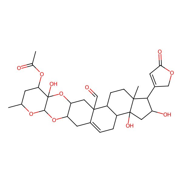2D Structure of [14-formyl-10,20,22-trihydroxy-7,18-dimethyl-19-(5-oxo-2H-furan-3-yl)-4,6,11-trioxahexacyclo[12.11.0.03,12.05,10.015,23.018,22]pentacos-1(25)-en-9-yl] acetate